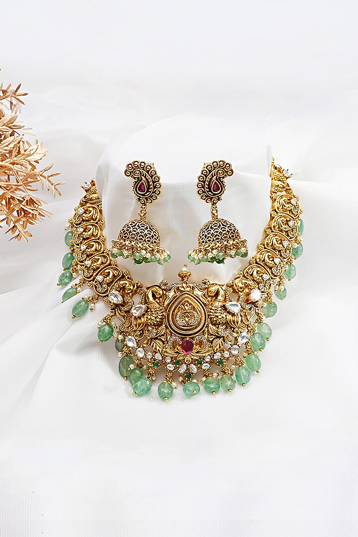 Gold Finish Kundan Polki & Green Stone Temple Choker Necklace Set by Prestones at Pernia's Pop Up Shop
