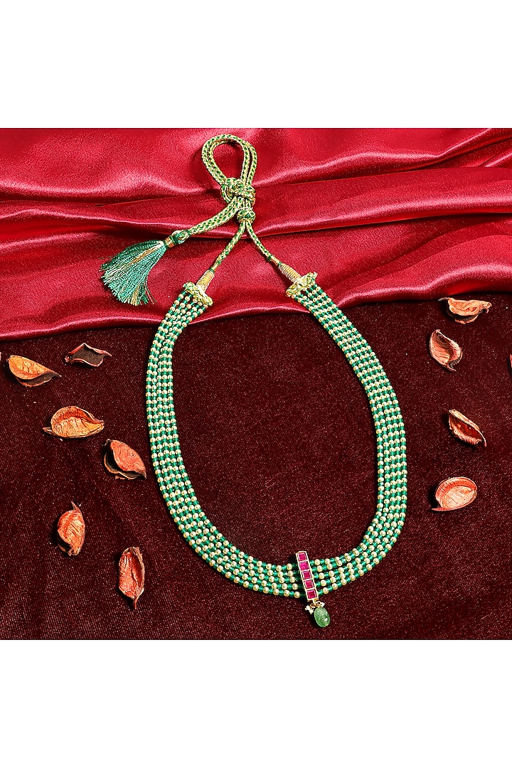 Gold Finish Kundan Polki & Emerald Beaded Necklace by Prestones at Pernia's Pop Up Shop