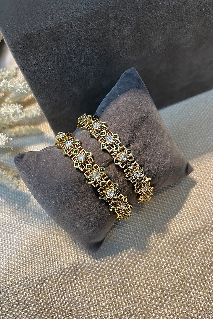 Gold Finish Multi-Colored Stone Temple Bangles (Set Of 2) by Prestones at Pernia's Pop Up Shop