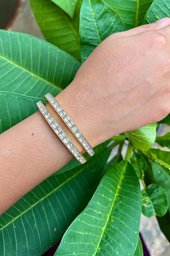 Gold Finish Kundan Polki Openable Bangles (Set Of 2) by Prestones at Pernia's Pop Up Shop