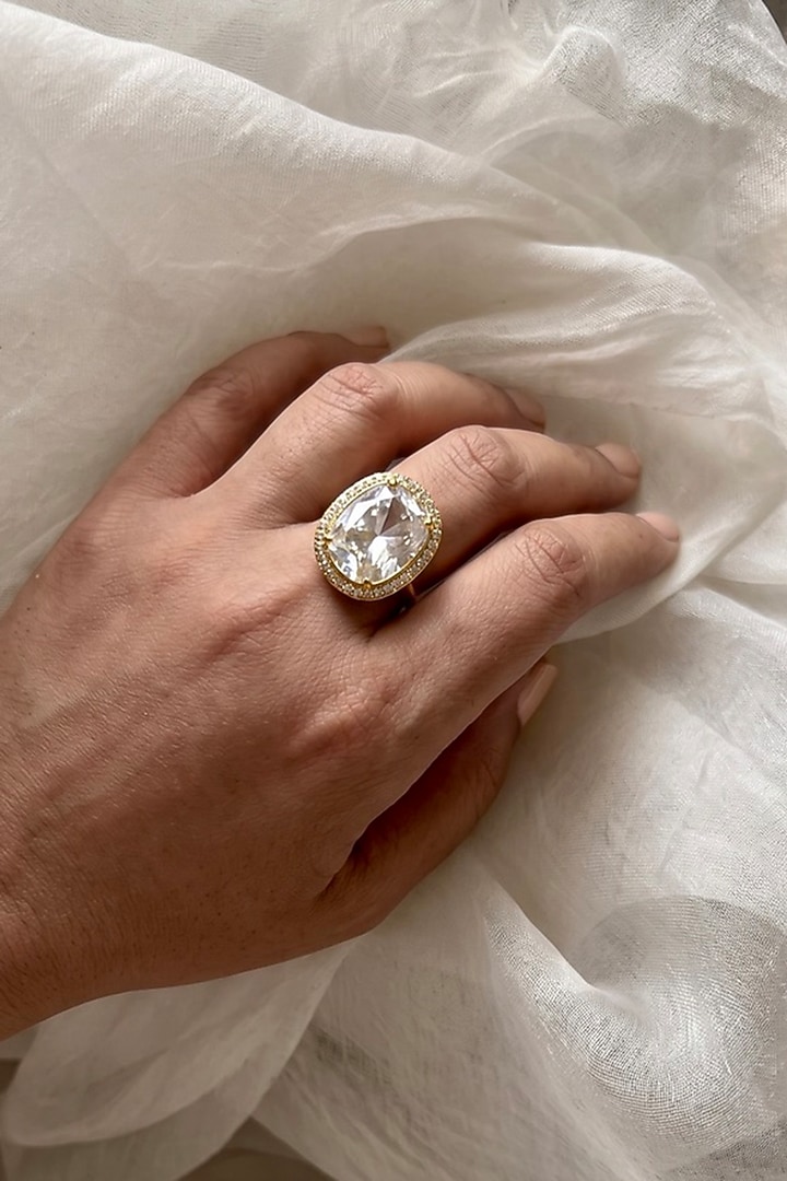 Gold Finish Moissanite Polki & Zircon Adjustable Ring by Prestones at Pernia's Pop Up Shop
