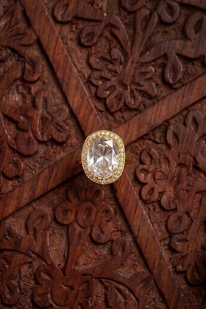 Gold Finish Moissanite Polki & Zircon Adjustable Ring by Prestones at Pernia's Pop Up Shop