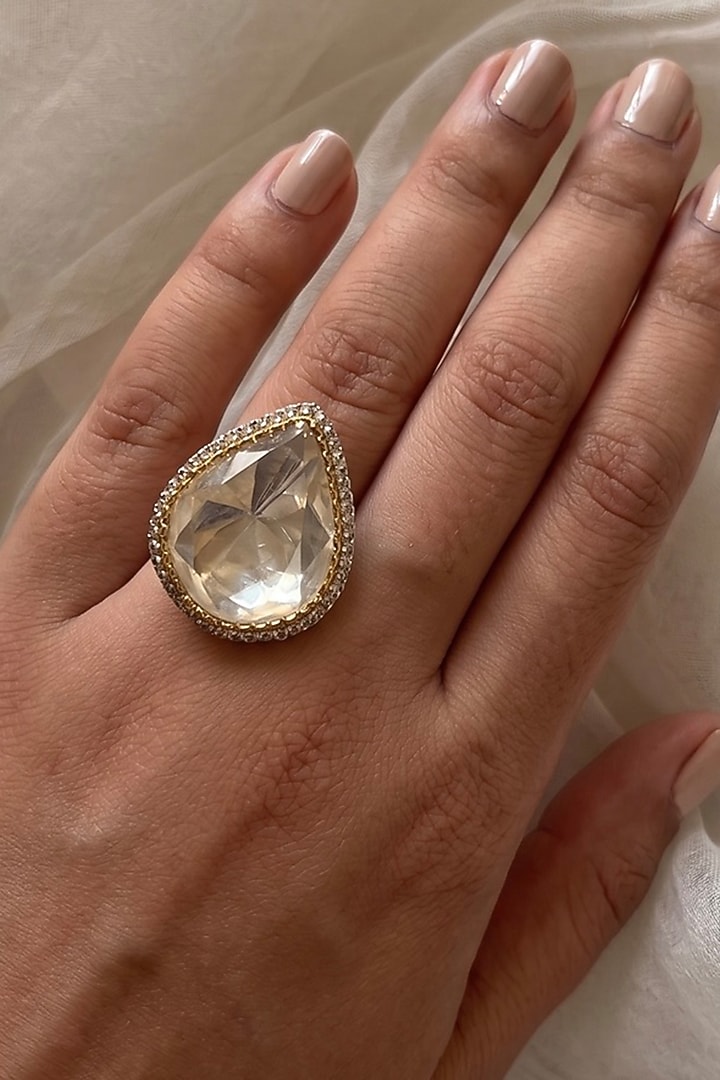 Gold Finish Moissanite Polki & Zircon Adjustable Ring by Prestones at Pernia's Pop Up Shop