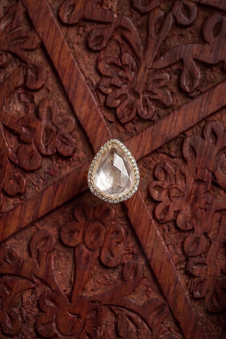 Gold Finish Moissanite Polki & Zircon Adjustable Ring by Prestones at Pernia's Pop Up Shop