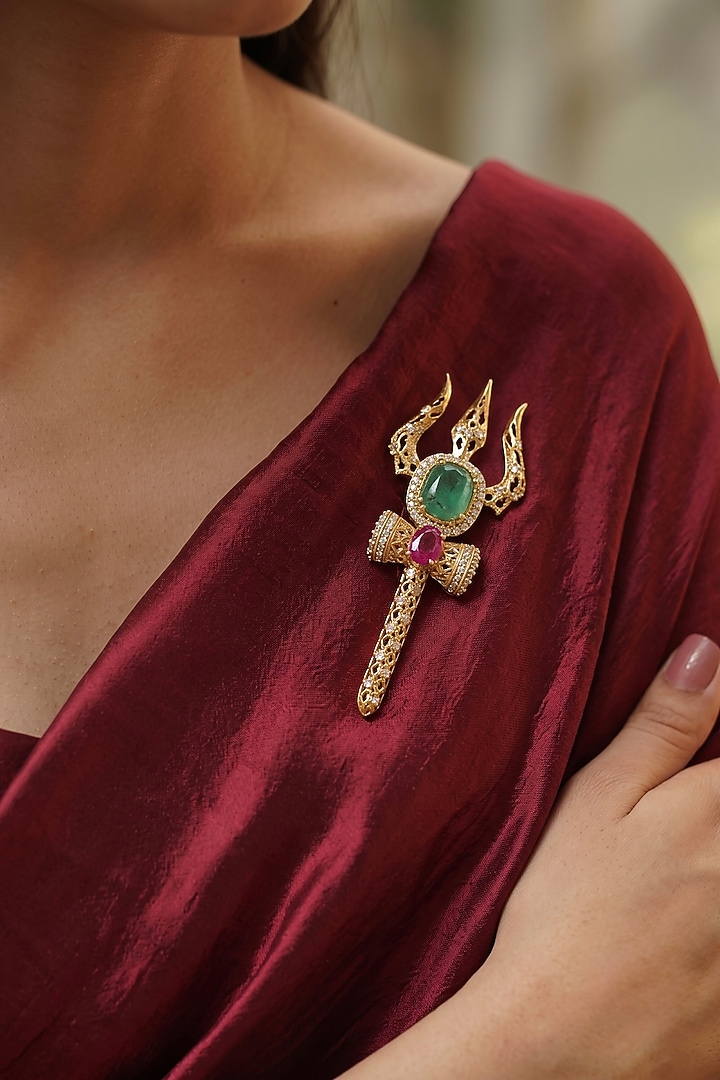 Gold Finish Zircon & Green Stone Brooch by Prestones at Pernia's Pop Up Shop