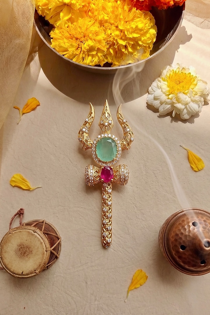 Gold Finish Zircon & Green Stone Brooch by Prestones at Pernia's Pop Up Shop