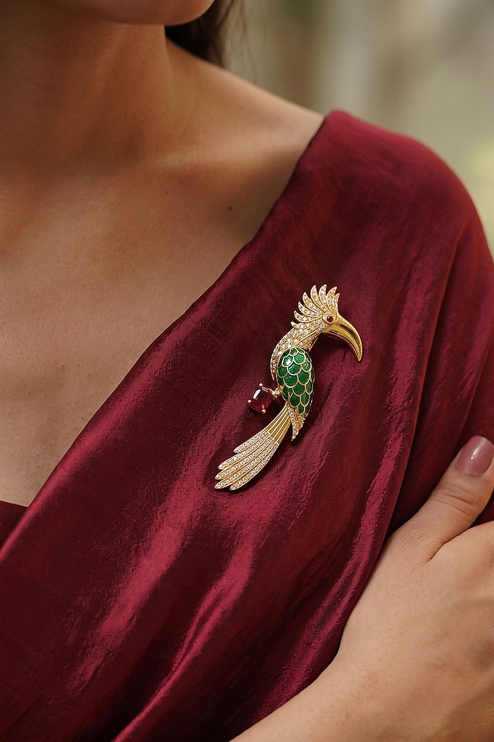 Gold Finish Zircon & Ruby Stone Enameled Brooch by Prestones at Pernia's Pop Up Shop