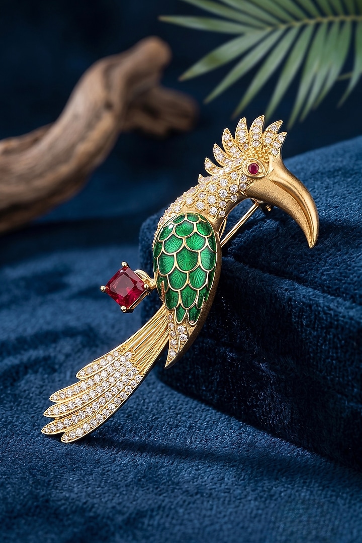 Gold Finish Zircon & Ruby Stone Enameled Brooch by Prestones at Pernia's Pop Up Shop