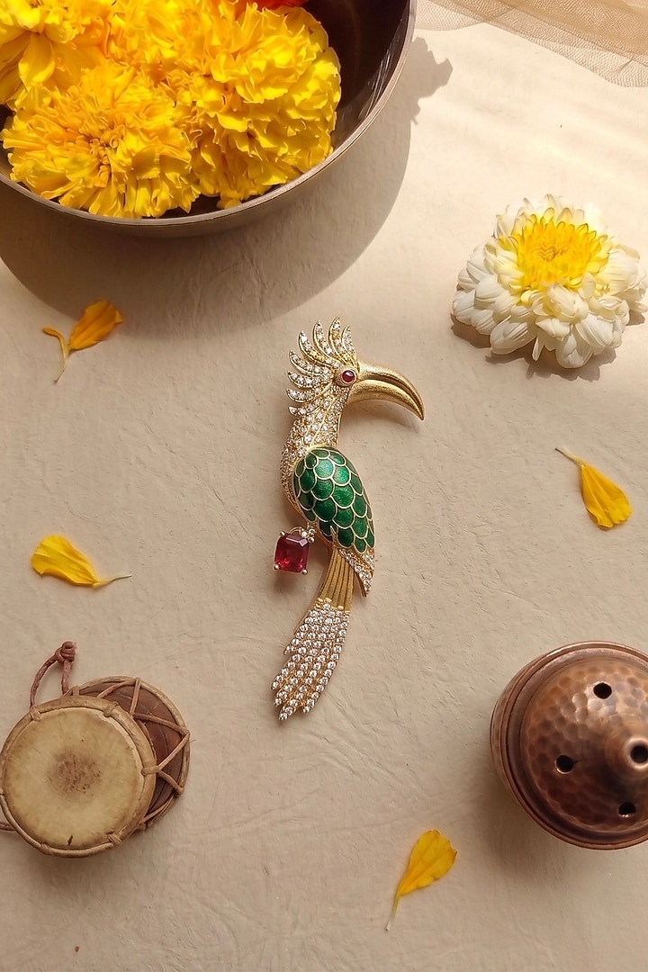 Gold Finish Zircon & Ruby Stone Enameled Brooch by Prestones at Pernia's Pop Up Shop
