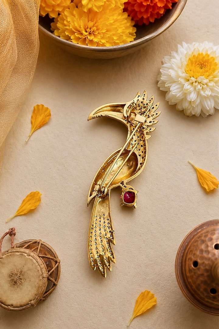 Gold Finish Zircon & Ruby Stone Enameled Brooch by Prestones at Pernia's Pop Up Shop