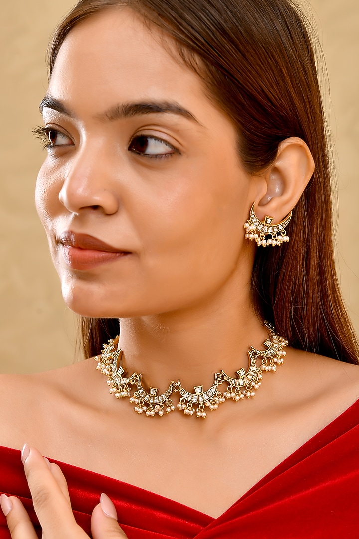 Gold Finish Moissanite Polki & Pearl handcrafted Choker Necklace Set by Prestones at Pernia's Pop Up Shop