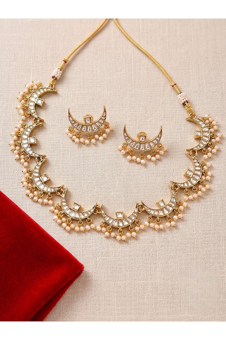 Gold Finish Moissanite Polki & Pearl handcrafted Choker Necklace Set by Prestones at Pernia's Pop Up Shop