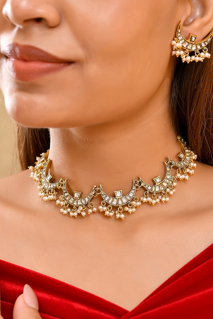 Gold Finish Moissanite Polki & Pearl handcrafted Choker Necklace Set by Prestones at Pernia's Pop Up Shop