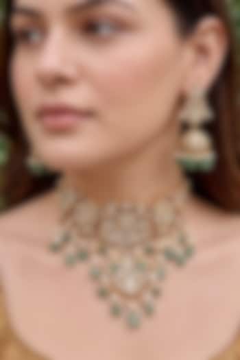 Gold Finish Moissanite Polki & Emerald Beaded Choker Necklace Set by Prestones at Pernia's Pop Up Shop