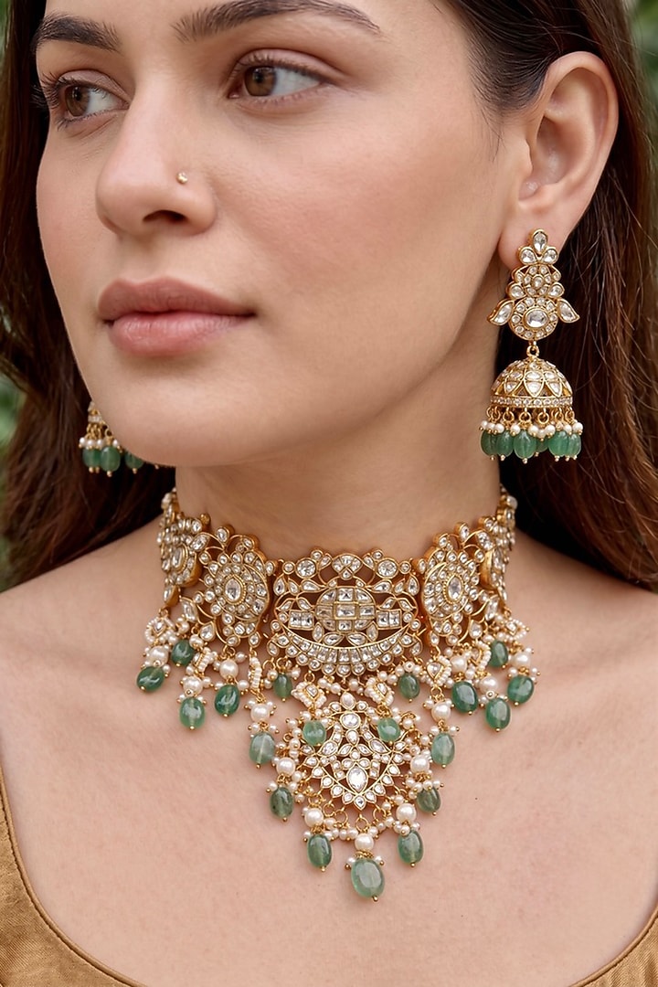 Gold Finish Moissanite Polki & Emerald Beaded Choker Necklace Set by Prestones at Pernia's Pop Up Shop