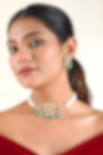 Gold Finish Moissanite Polki & Emerald Beaded Choker Necklace Set by Prestones at Pernia's Pop Up Shop