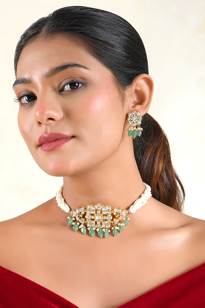 Gold Finish Moissanite Polki & Emerald Beaded Choker Necklace Set by Prestones at Pernia's Pop Up Shop