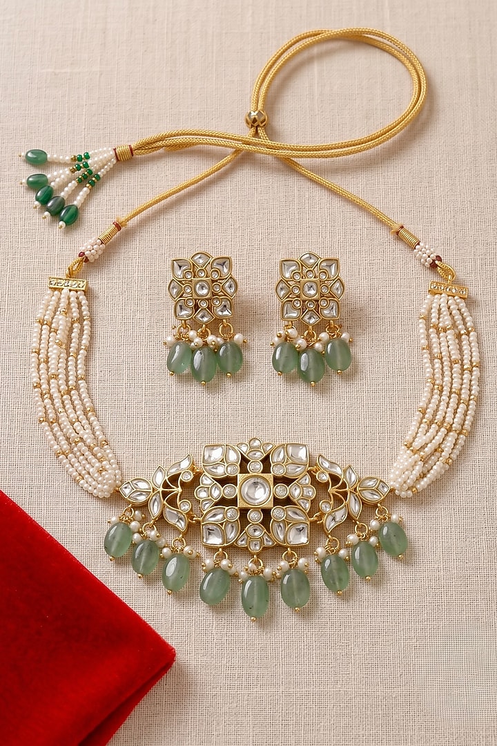 Gold Finish Moissanite Polki & Emerald Beaded Choker Necklace Set by Prestones at Pernia's Pop Up Shop