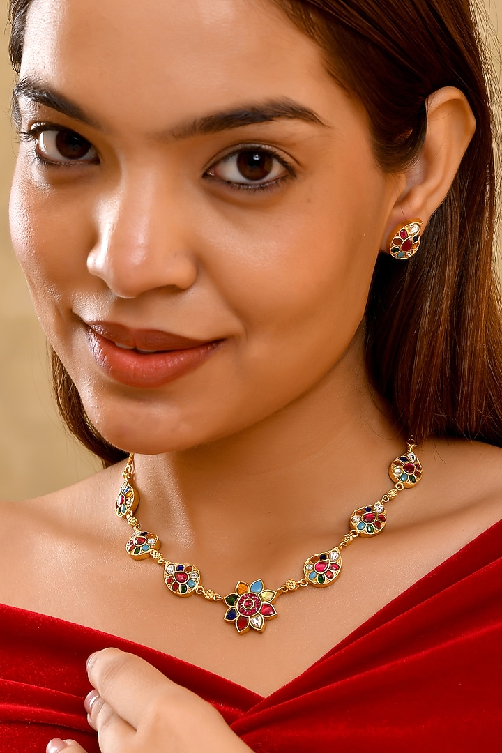 Gold Finish Moissanite Polki & Multi-Colored Gemstone Necklace Set by Prestones at Pernia's Pop Up Shop