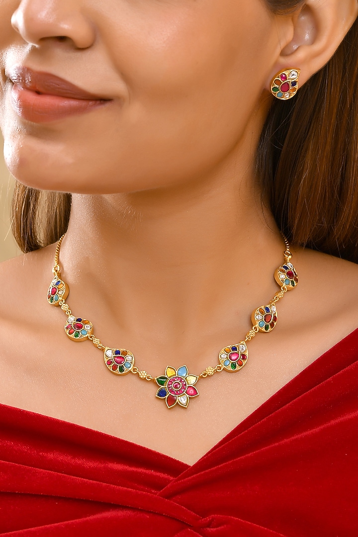 Gold Finish Moissanite Polki & Multi-Colored Gemstone Necklace Set by Prestones at Pernia's Pop Up Shop
