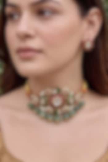 Gold Finish Moissanite Polki & Emerald Beaded Enameled Necklace Set by Prestones at Pernia's Pop Up Shop
