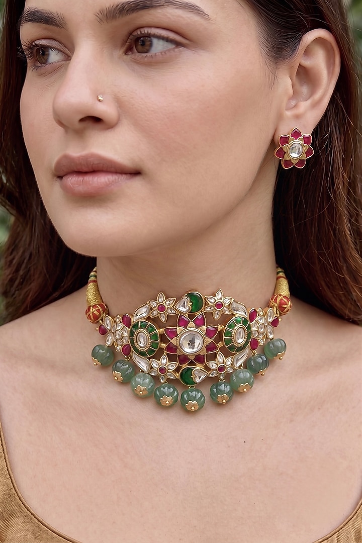 Gold Finish Moissanite Polki & Emerald Beaded Enameled Necklace Set by Prestones at Pernia's Pop Up Shop