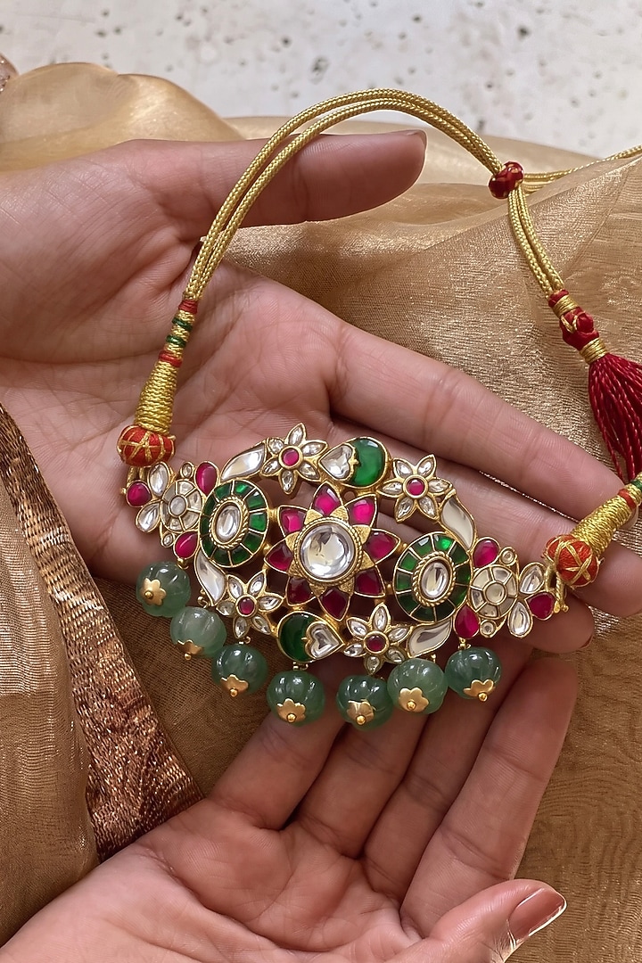 Gold Finish Moissanite Polki & Emerald Beaded Enameled Necklace Set by Prestones at Pernia's Pop Up Shop
