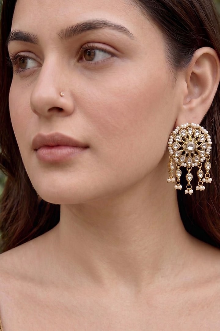 Gold Finish Moissanite Polki & Seed Pearl Stud Earrings by Prestones at Pernia's Pop Up Shop
