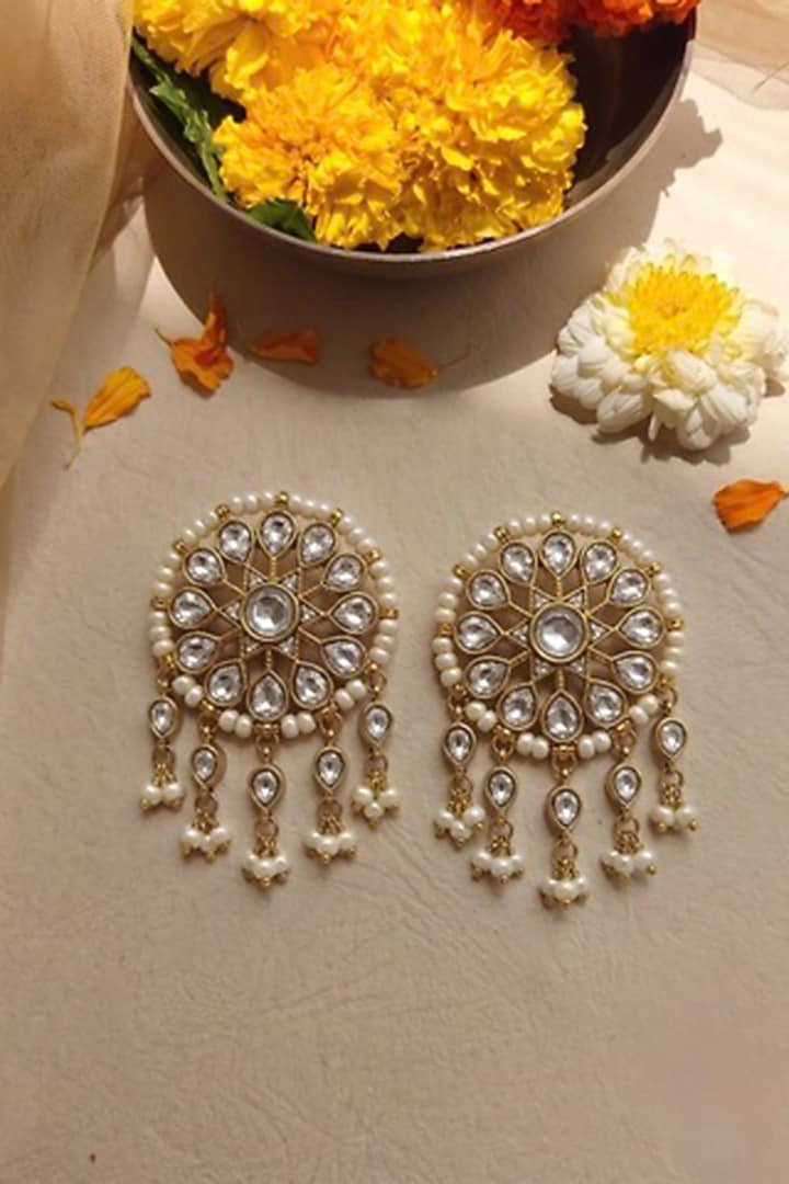 Gold Finish Moissanite Polki & Seed Pearl Stud Earrings by Prestones at Pernia's Pop Up Shop