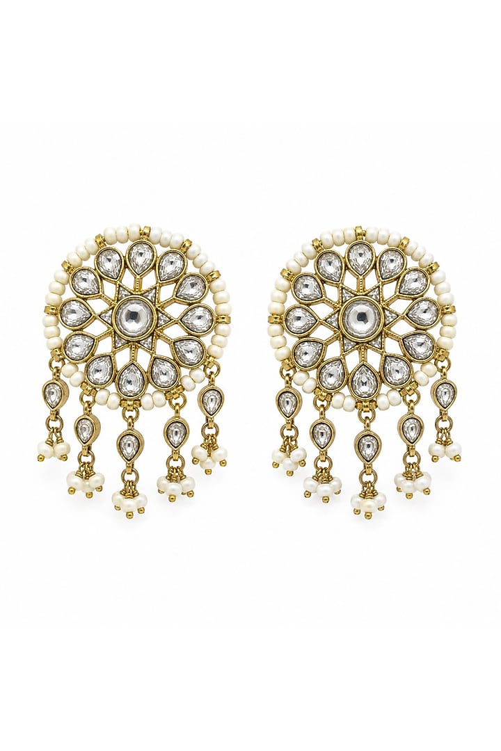 Gold Finish Moissanite Polki & Seed Pearl Stud Earrings by Prestones at Pernia's Pop Up Shop