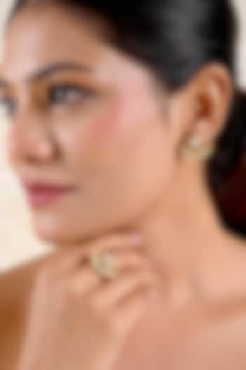 Gold Finish Moissanite Polki Stud Earrings With Ring by Prestones at Pernia's Pop Up Shop