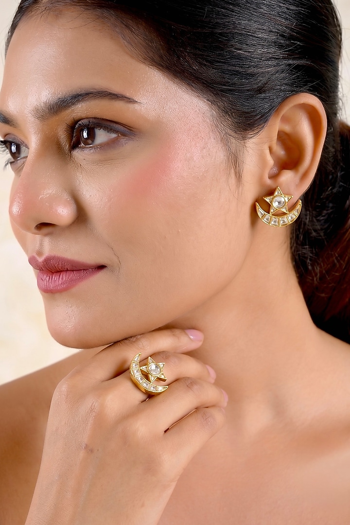 Gold Finish Moissanite Polki Stud Earrings With Ring by Prestones at Pernia's Pop Up Shop