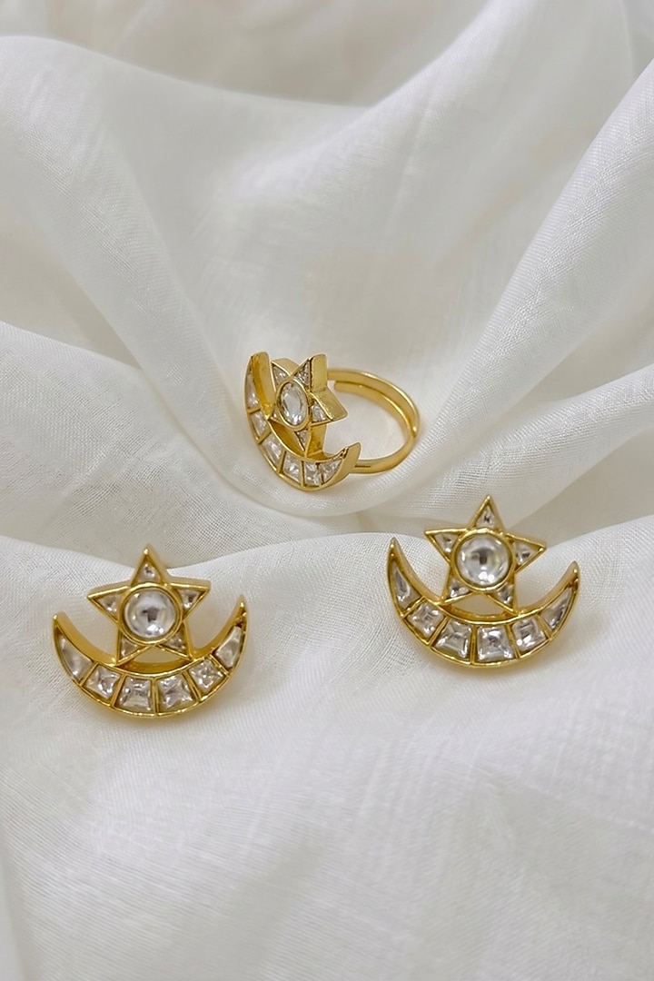 Gold Finish Moissanite Polki Stud Earrings With Ring by Prestones at Pernia's Pop Up Shop