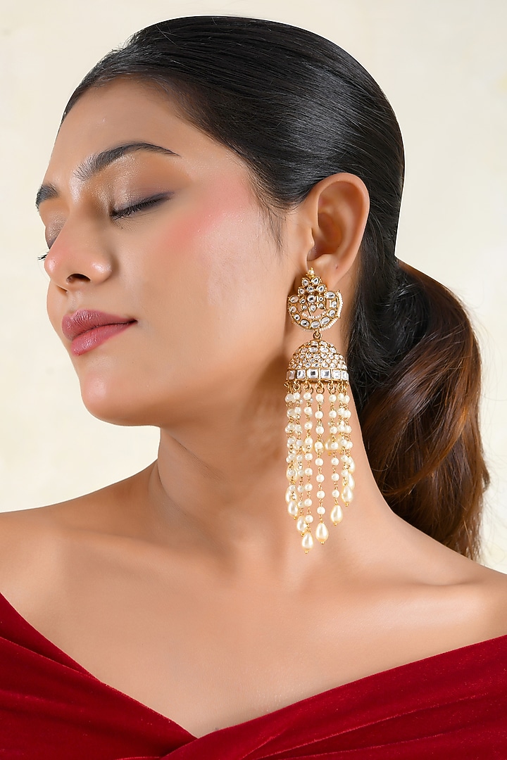 Gold Finish Zircon & Pearl Jhumka Earrings by Prestones at Pernia's Pop Up Shop