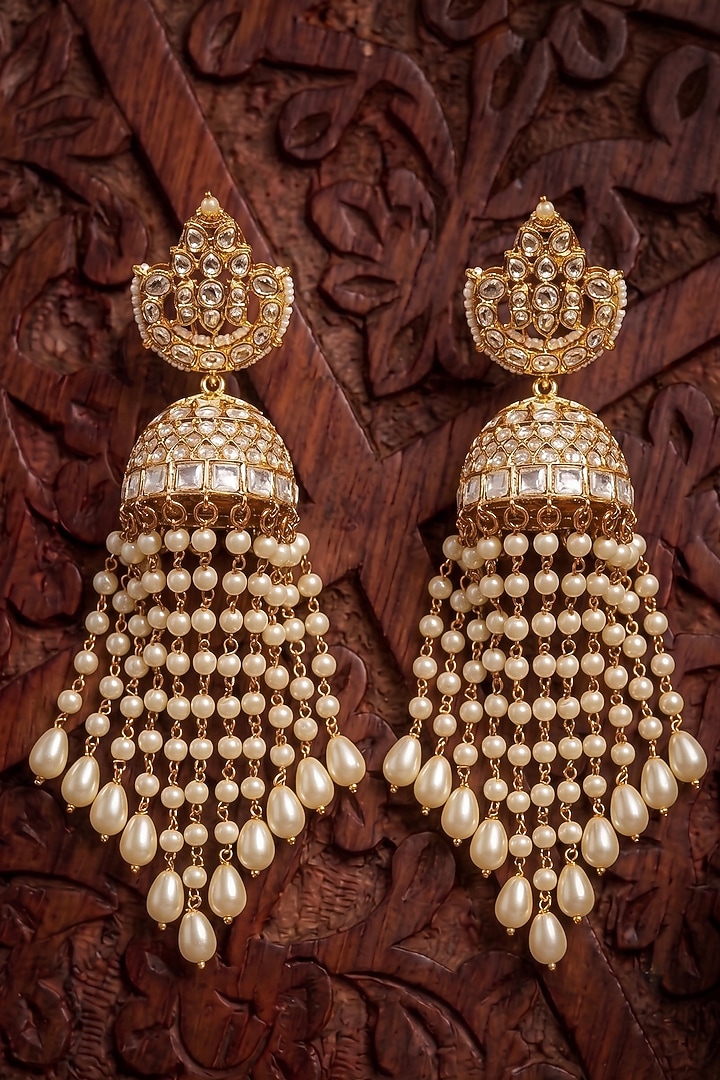 Gold Finish Zircon & Pearl Jhumka Earrings by Prestones at Pernia's Pop Up Shop