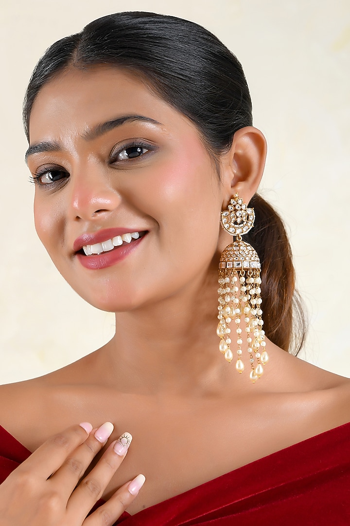 Gold Finish Zircon & Pearl Jhumka Earrings by Prestones at Pernia's Pop Up Shop