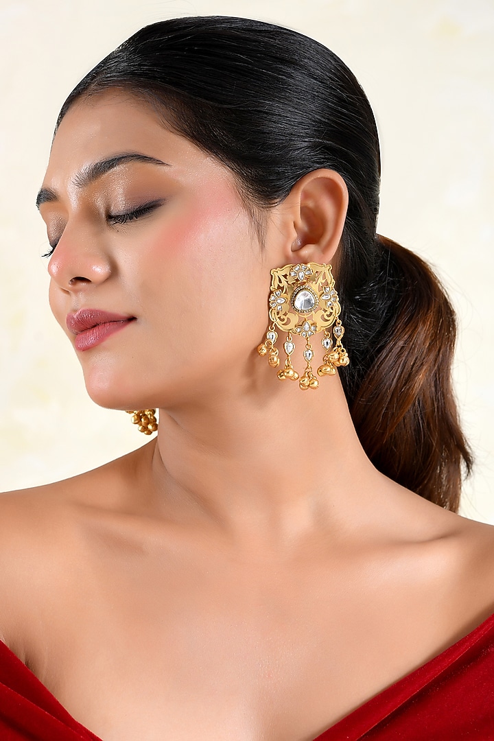Gold Finish Kundan Polki & Zircon Stud Earrings by Prestones at Pernia's Pop Up Shop