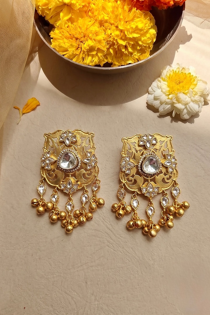 Gold Finish Kundan Polki & Zircon Stud Earrings by Prestones at Pernia's Pop Up Shop