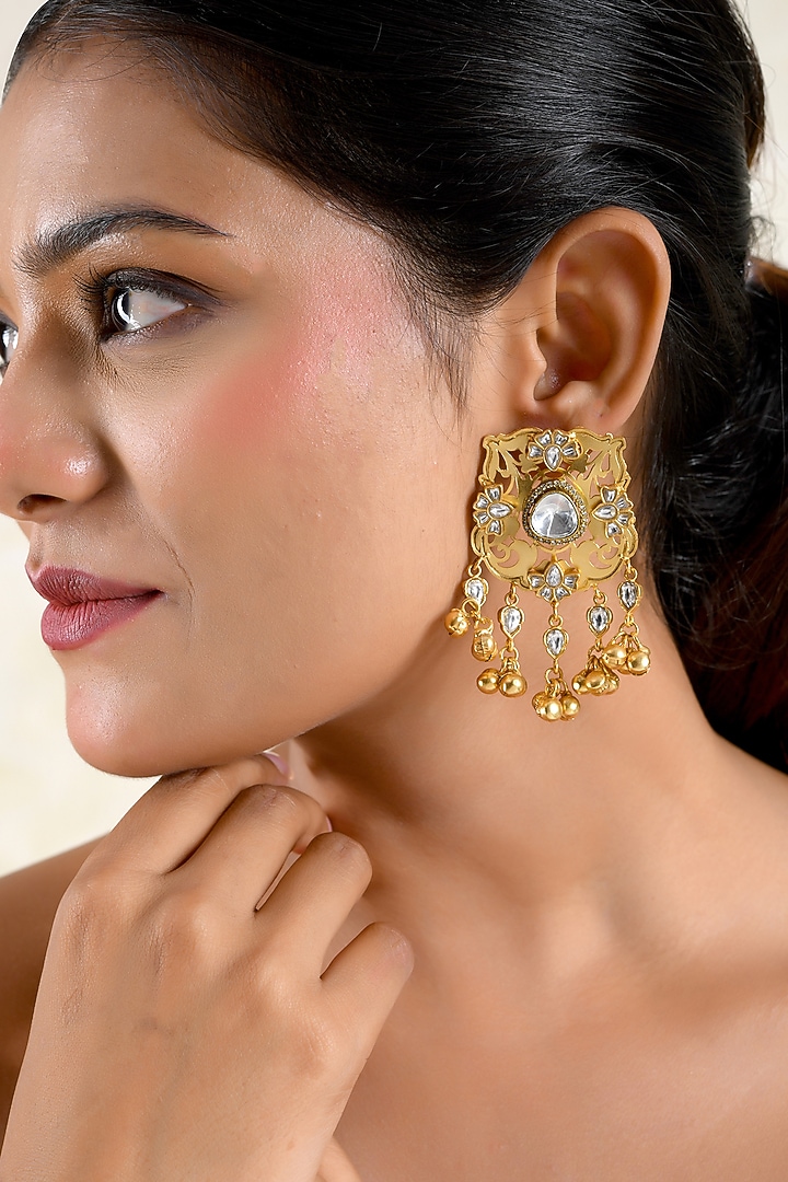 Gold Finish Kundan Polki & Zircon Stud Earrings by Prestones at Pernia's Pop Up Shop