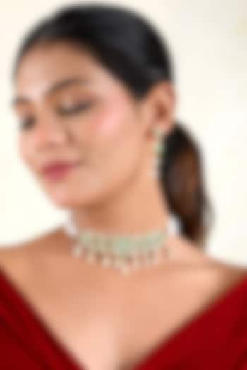 Gold Finish Zircon & Emerald Green Stone Choker Necklace Set by Prestones at Pernia's Pop Up Shop