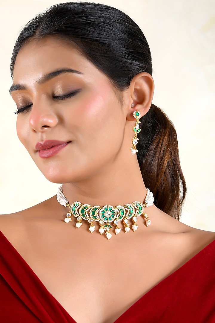 Gold Finish Zircon & Emerald Green Stone Choker Necklace Set by Prestones at Pernia's Pop Up Shop