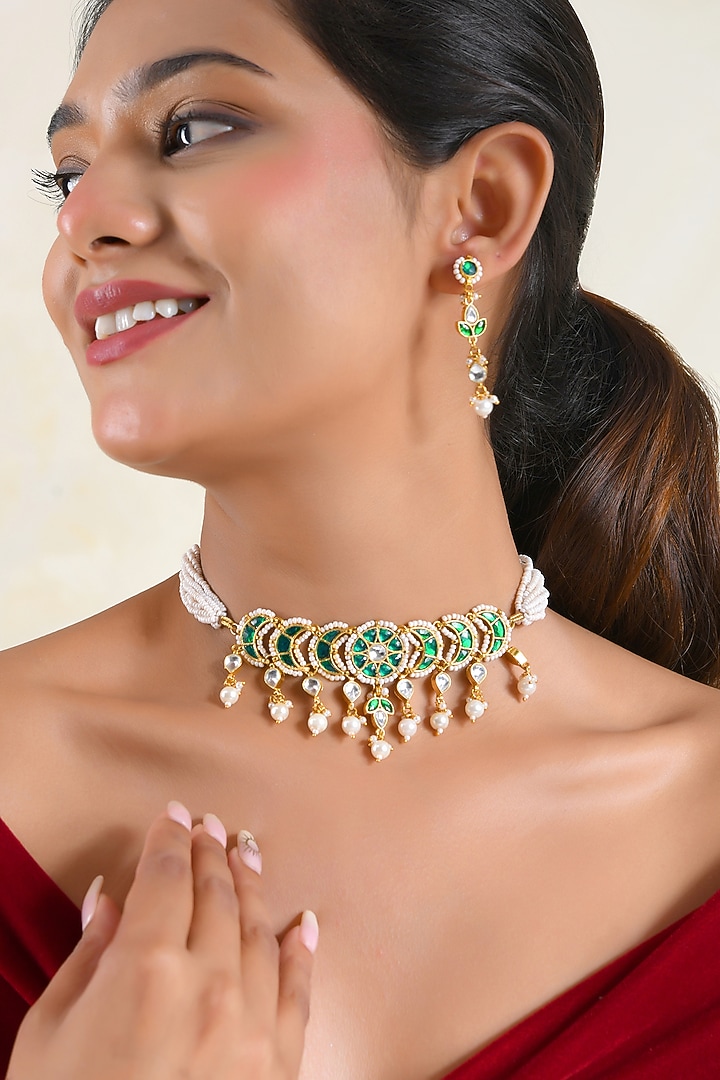 Gold Finish Zircon & Emerald Green Stone Choker Necklace Set by Prestones at Pernia's Pop Up Shop