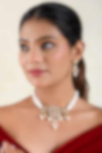 Gold Finish Kundan Polki & Pearl Choker Necklace Set by Prestones at Pernia's Pop Up Shop