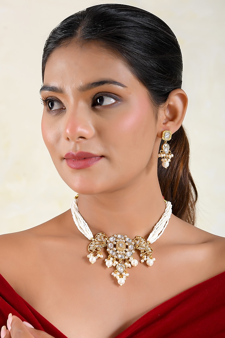 Gold Finish Kundan Polki & Pearl Choker Necklace Set by Prestones at Pernia's Pop Up Shop