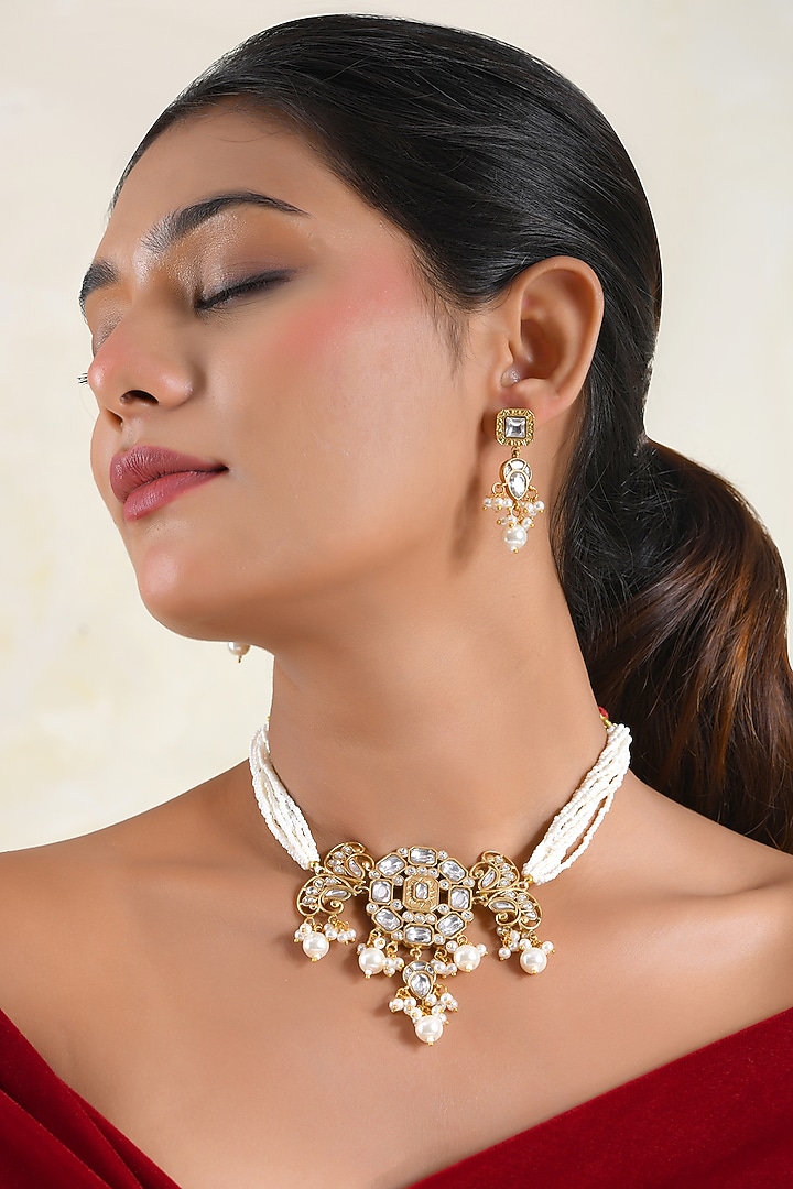 Gold Finish Kundan Polki & Pearl Choker Necklace Set by Prestones at Pernia's Pop Up Shop