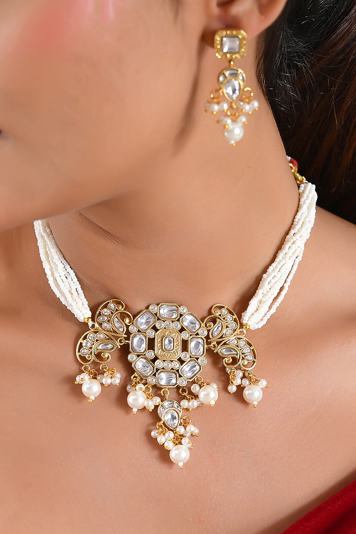 Gold Finish Kundan Polki & Pearl Choker Necklace Set by Prestones at Pernia's Pop Up Shop