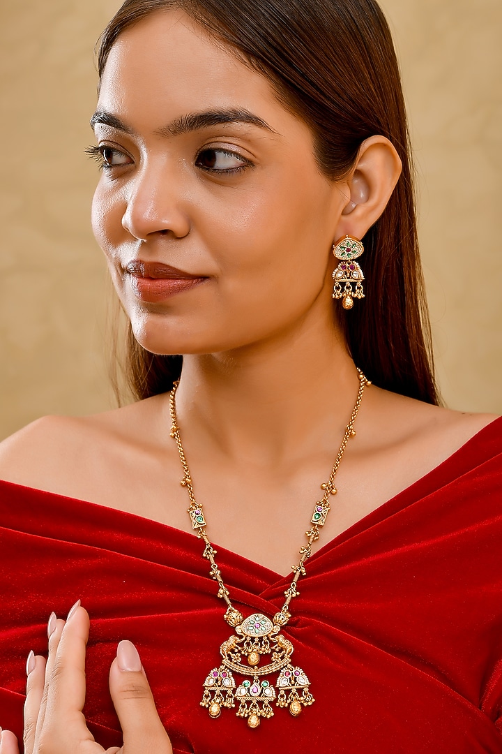 Gold Finish Zircon & Emerald Green Stone Long Necklace Set by Prestones at Pernia's Pop Up Shop