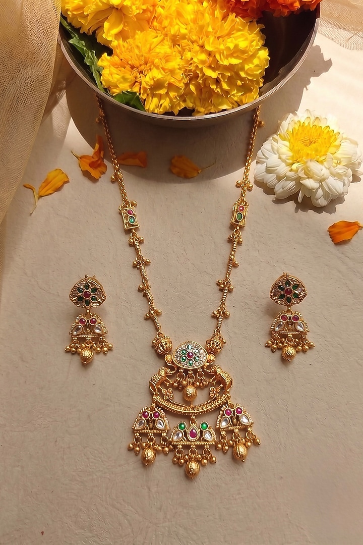 Gold Finish Zircon & Emerald Green Stone Long Necklace Set by Prestones at Pernia's Pop Up Shop