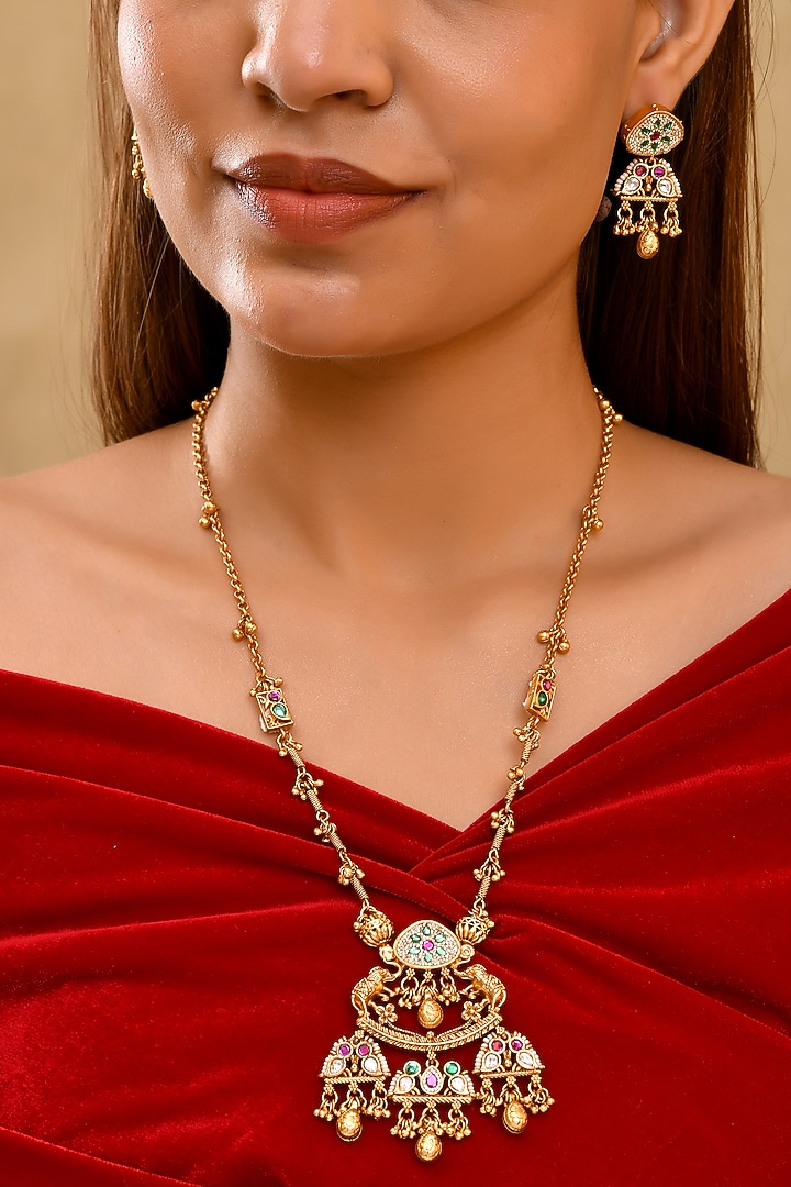 Gold Finish Zircon & Emerald Green Stone Long Necklace Set by Prestones at Pernia's Pop Up Shop