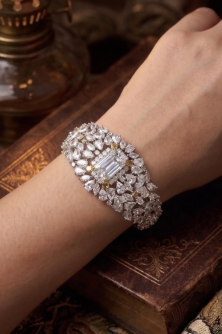 White Rhodium Finish Marquise-Cut Zircon Bangle by Prestones at Pernia's Pop Up Shop